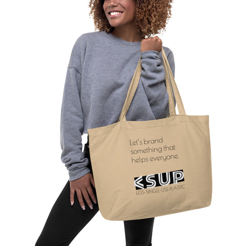 "THE HELP EVERYONE BRAND"  Less Single-Use Plastic Design # 8 by © Juliana2me Large organic tote bag